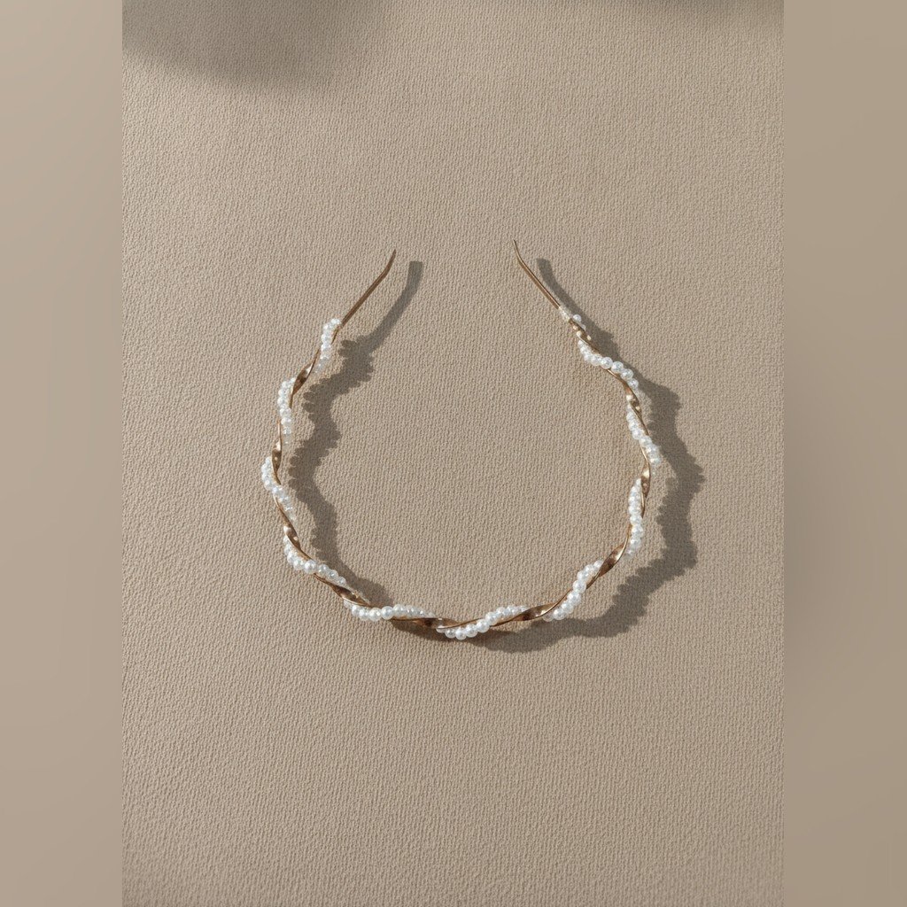 [5193] Accesorio beige con detalle de perlas vincha 
