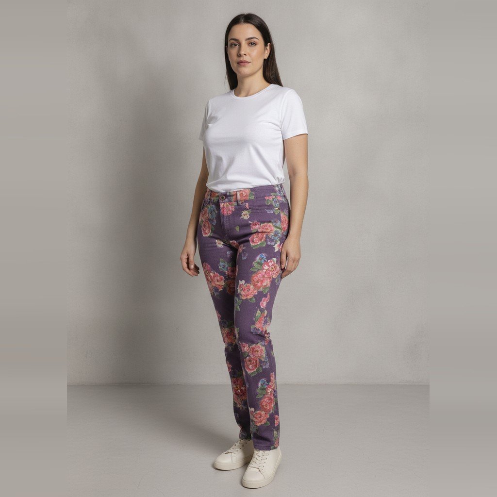 [5107] Pantalón Versani Largo morado y Multicolor Floral talle 42 NUEVO 