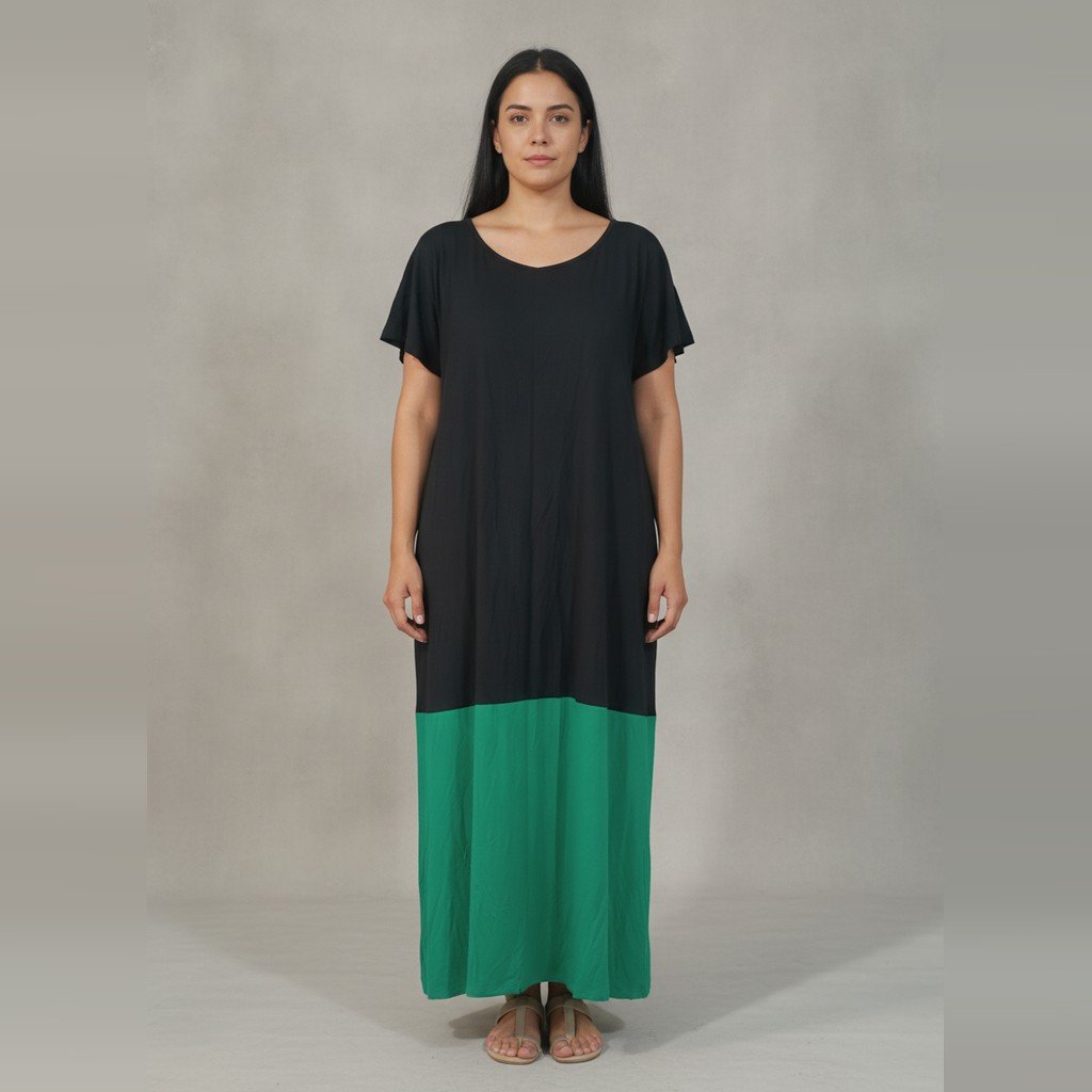[5084] Vestido Sin marca Largo verde y negro Liso talle Único manga corta