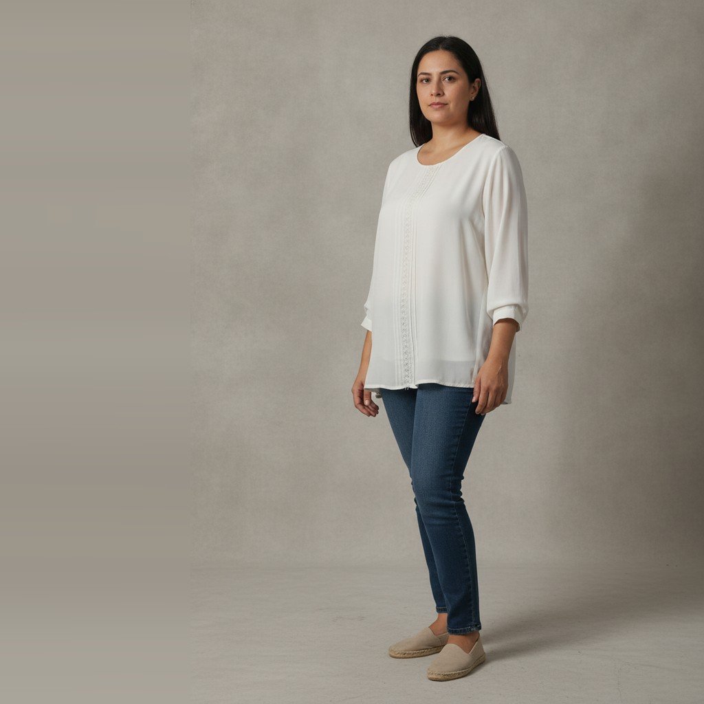 [5087] Blusa Sin marca manga larga marfil con diseño de bordado talle 52