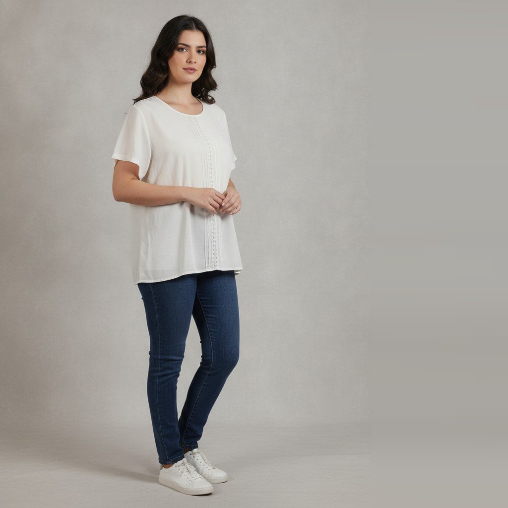 [5088] Blusa Sin marca manga corta marfil con diseño de bordado talle 52