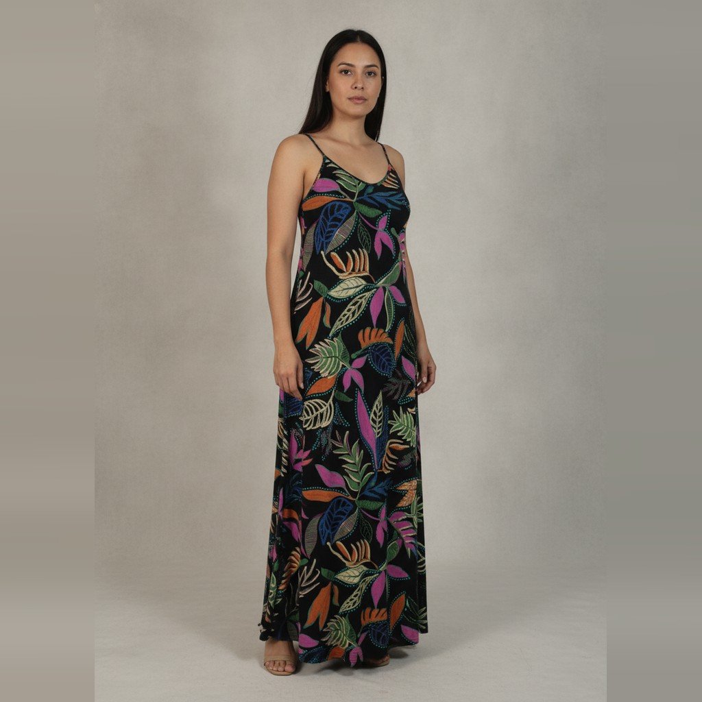[5092] Vestido Rondina Sin manga negro y Multicolor Estampado talle G largo