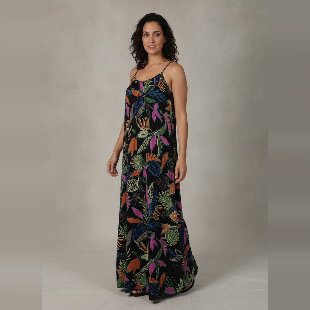[5098] Vestido Rondina Sin manga verde y Multicolor con estampado talle G largo