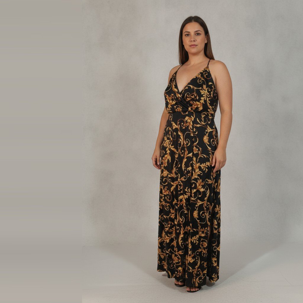 [5114] Vestido Versace Largo negro y amarillo floreado talle 2XL con tirantes NUEVO 