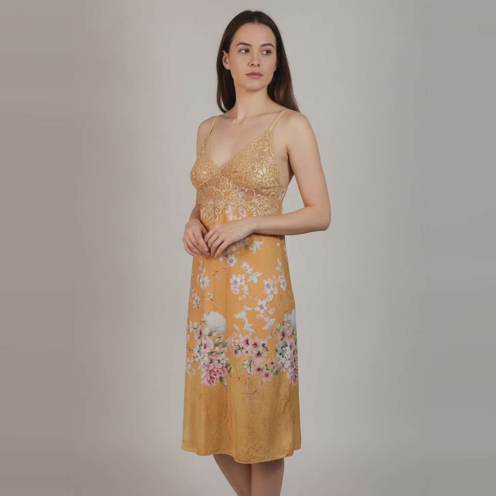 [5119] Vestido Recco manga corta amarillo Floral talle G Vestido pijama con detalle de encaje NUEVO