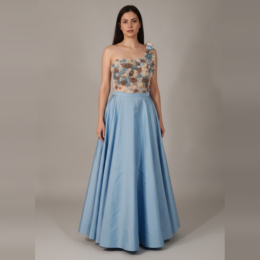 [5274] Vestido Carlos Burró sin manga celeste y beige con detalle de pedreria talle S body+pollera