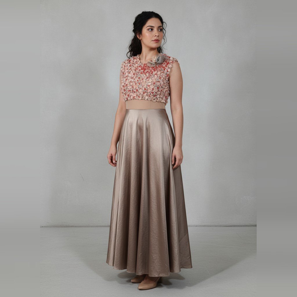 [5275] Vestido Carlos Burró sin manga beige y celeste con detalle de bordados talle S body+pollera