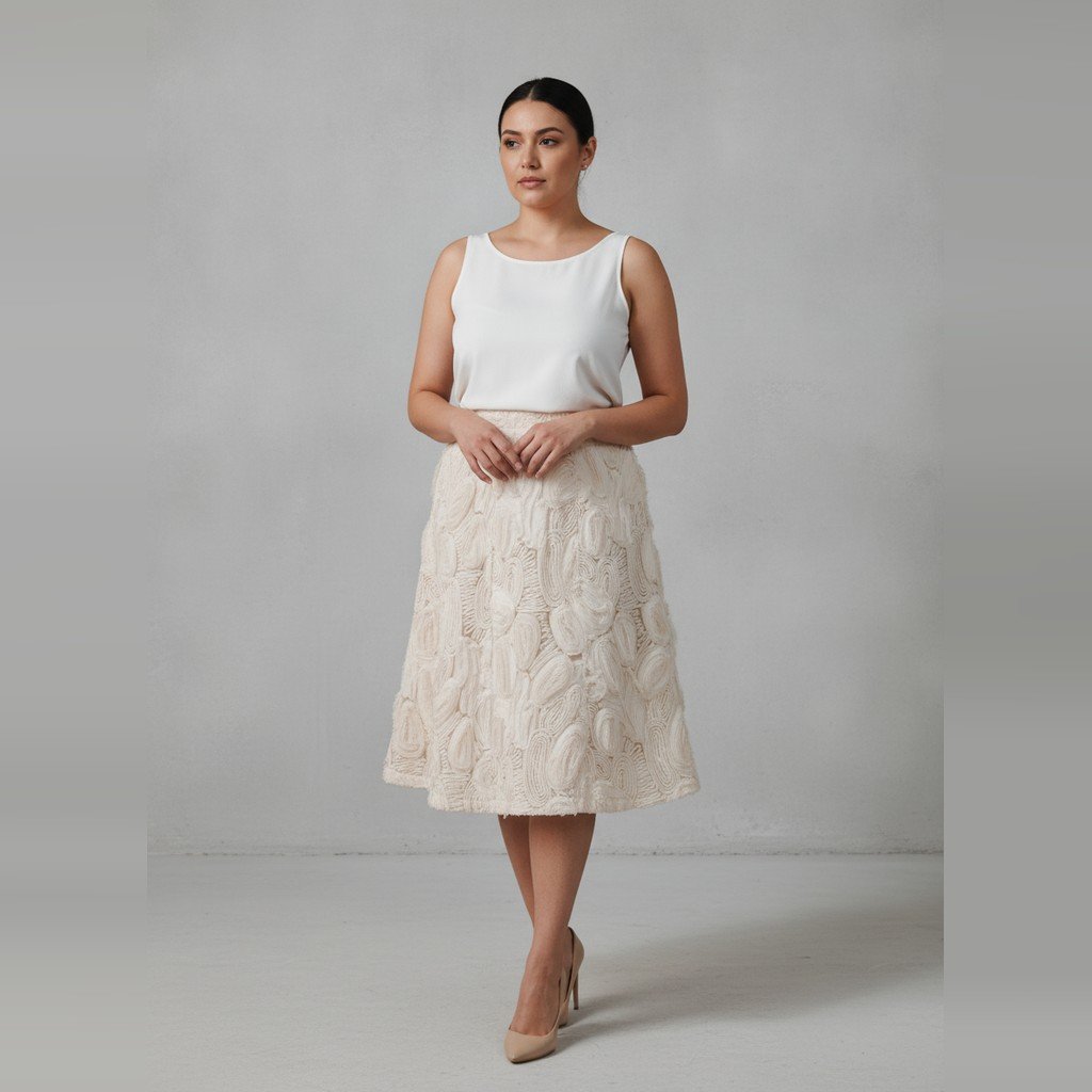 [5281] Pollera Galgo midi beige con detalle de bordados talle L 3 forros