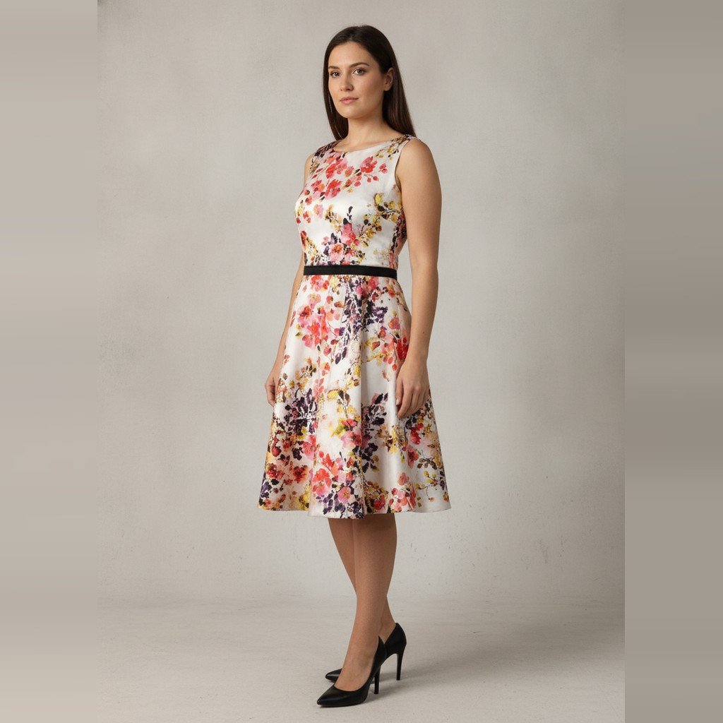 Vestido sin manga beige Floral talle p con detalle de cinto