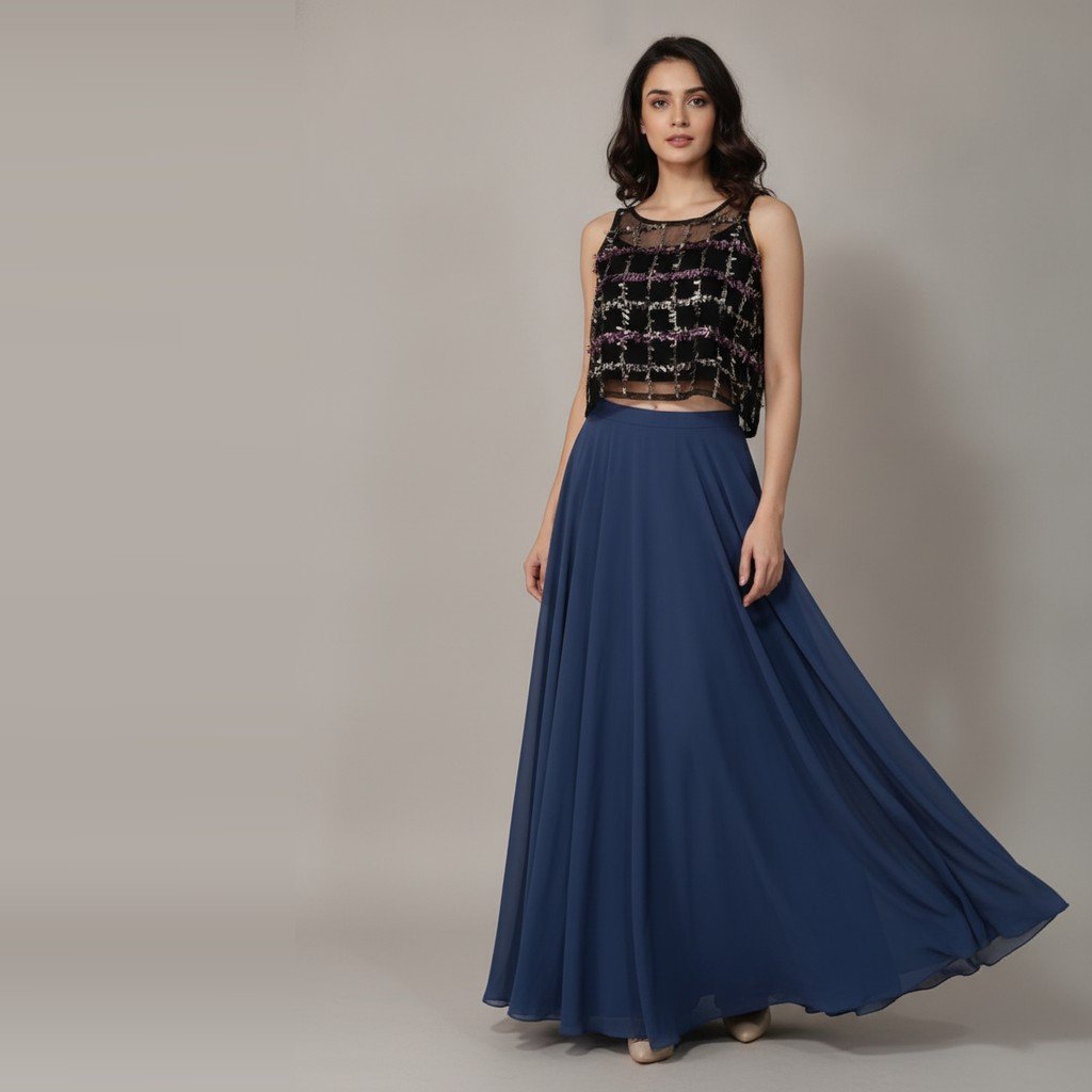 Conjunto Sin manga azul marino y negro con detalle en plateado y rosa talle P pollera+blusa