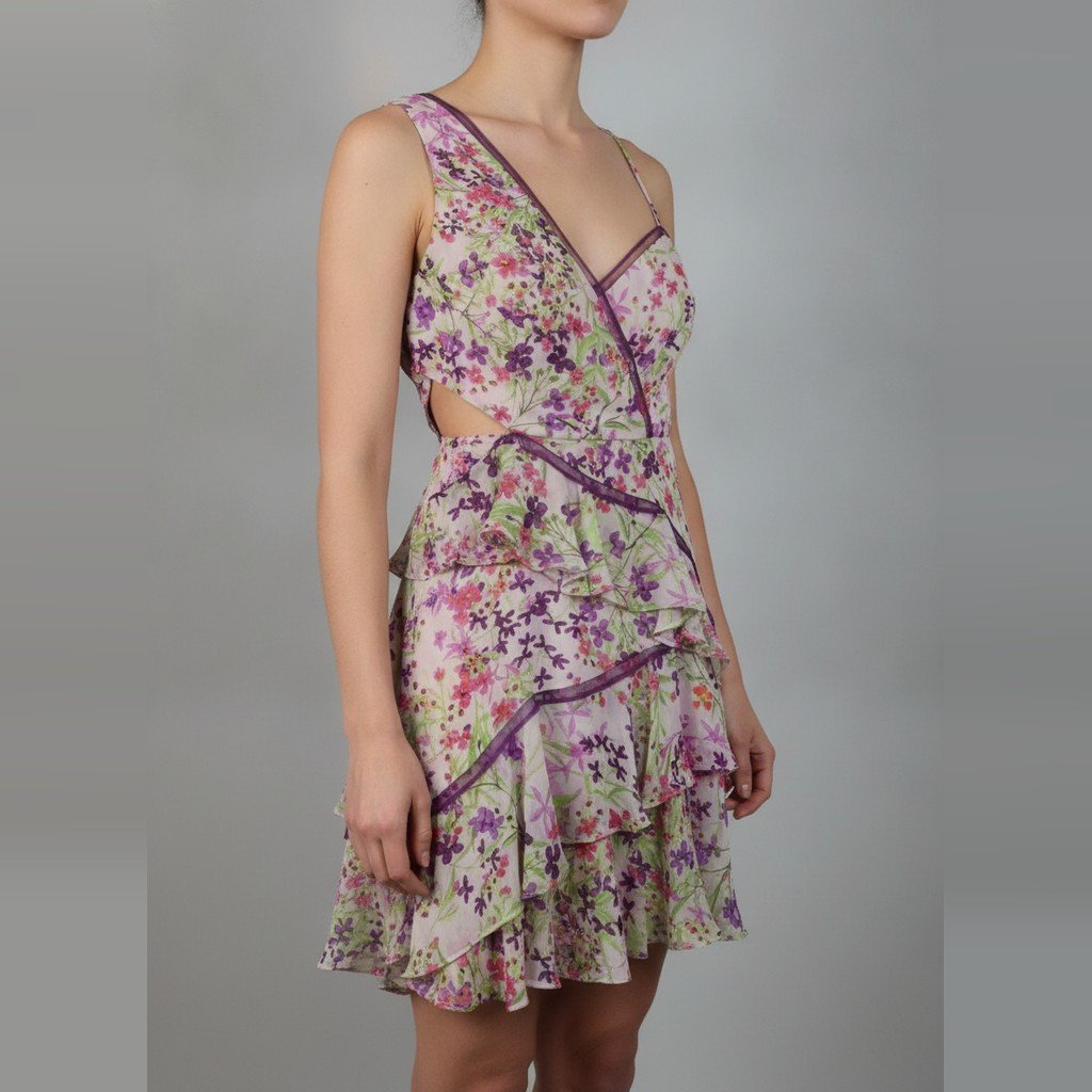 [5288] Vestido BCBGMAXAZRIA Sin manga morado y beige floral talle P con detalle de bolados n