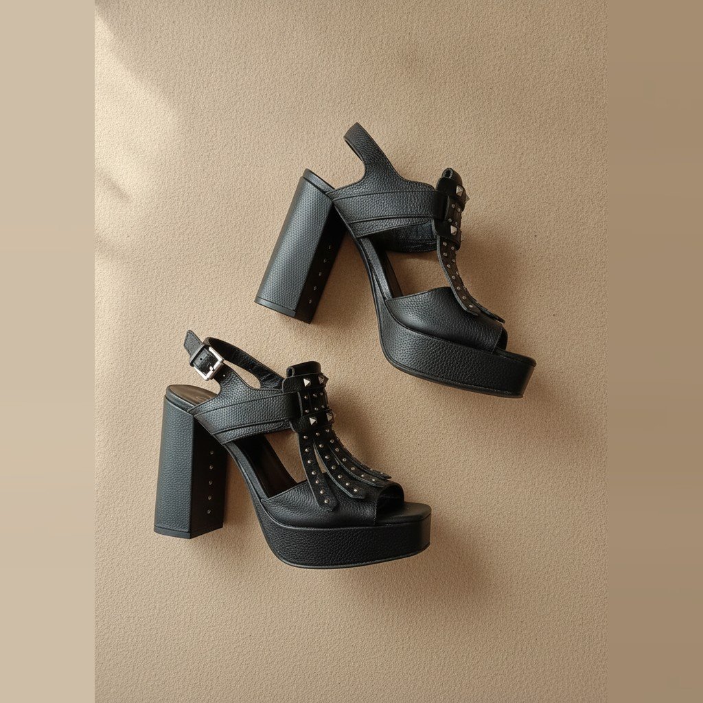 [5284] Calzado Saveiro Di Ricci negro y plateado con plataforma talle 39 cuero granulado