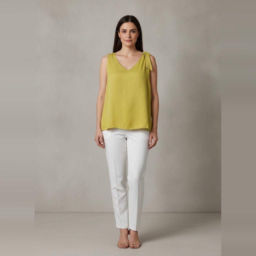 Blusa sin manga verde fluor liso talle p escote V