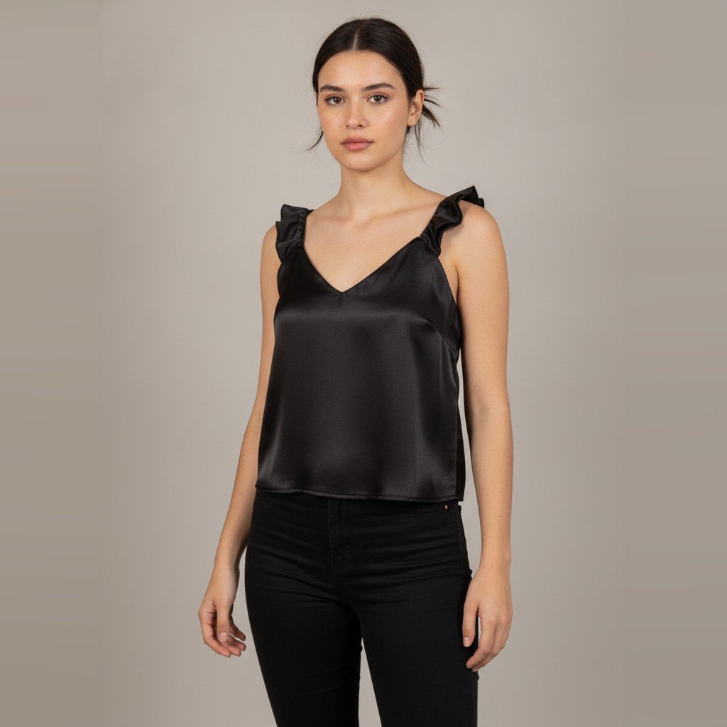 Blusa sin manga negro liso talle S con detalle de bolados