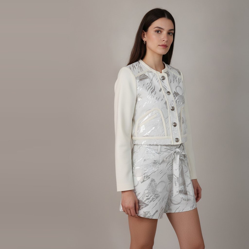 Conjunto Jazmin Chebar manga larga blanco y plateado Brilloso talle P short+camperita