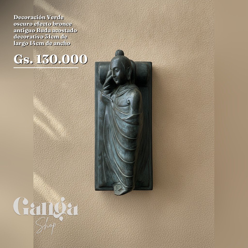 Decoración Verde oscuro efecto bronce antiguo Buda acostado decorativo 31cm de largo 14cm de ancho