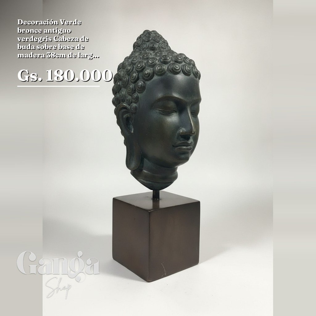 [5247] Decoración Verde bronce antiguo verdegris Cabeza de buda sobre base de madera 38cm de largo 15 de ancho