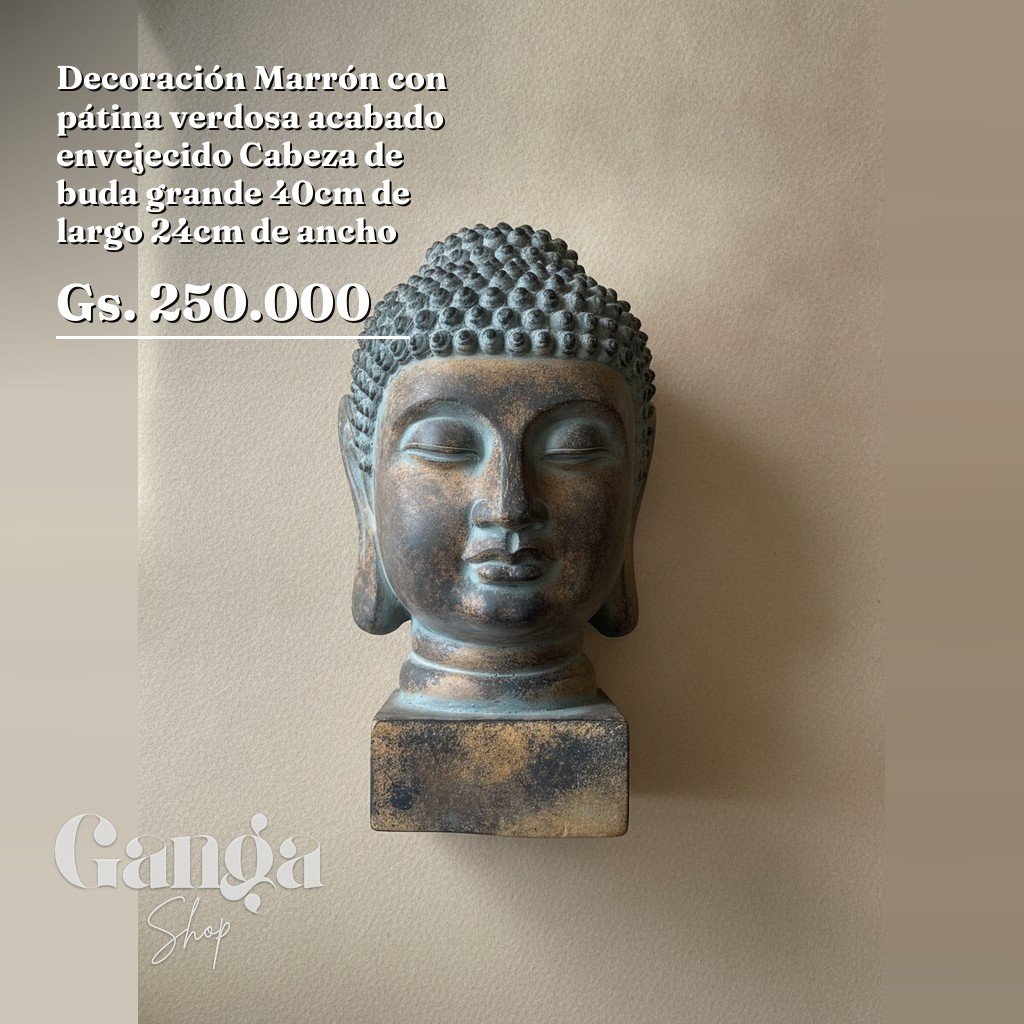 Decoración Marrón con pátina verdosa acabado envejecido Cabeza de buda grande 40cm de largo 24cm de ancho