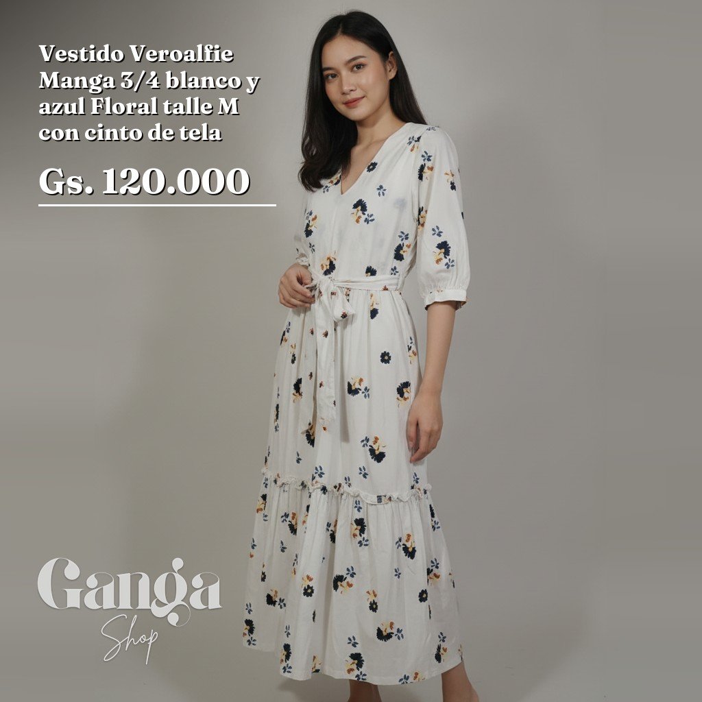 [5203] Vestido Veroalfie Manga 3/4 blanco y azul Floral talle M con cinto de tela