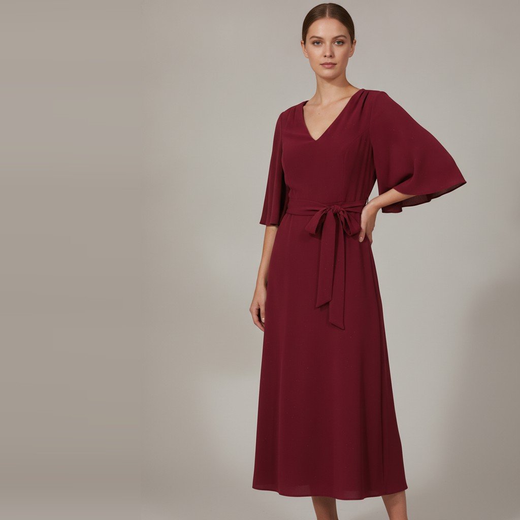 Vestido sin marca Manga 3/4 bordó liso talle M con cinto y detalle de manchitas
