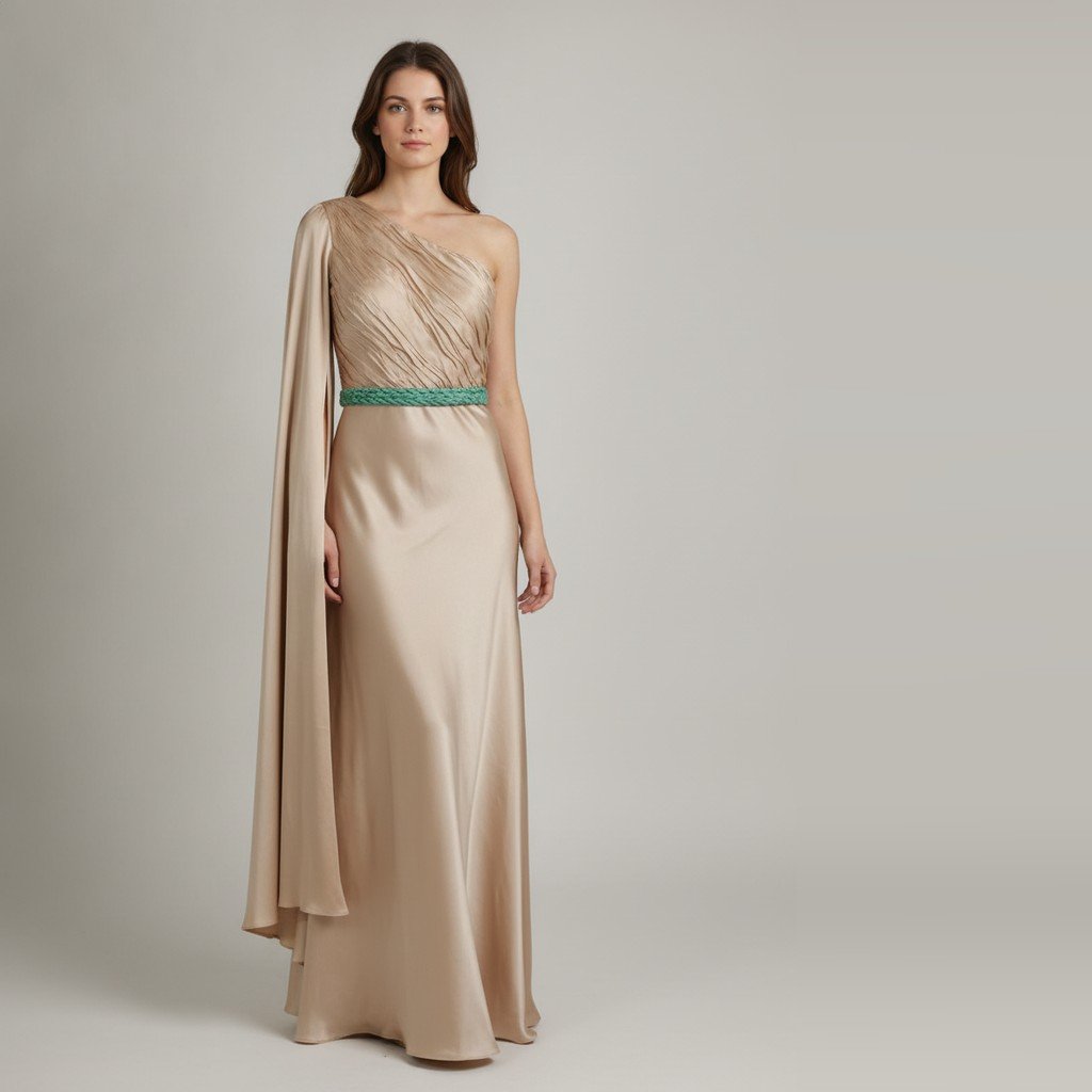 Vestido Carlos Burró con detalle de cinto beige y celeste Liso talle M manga larga un solo hombro