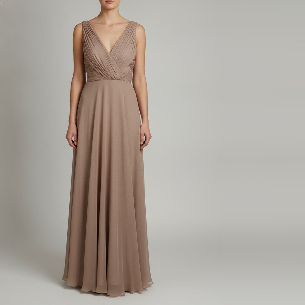 Vestido sin marca sin manga beige y marrón Liso talle M con detalle de bordado