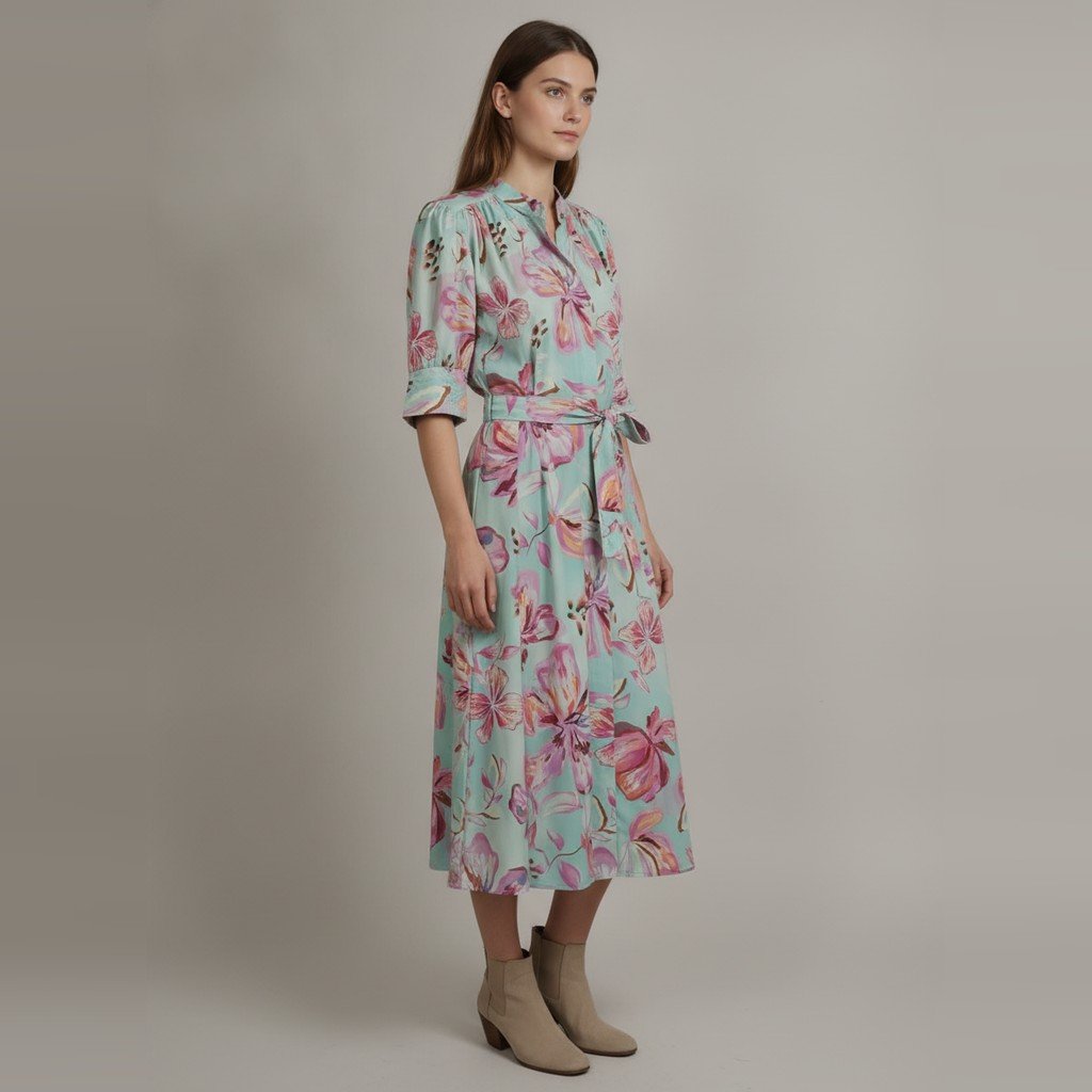 [5207] Vestido Venska manga 3/4 celeste y rosa floral talle G con detalle de cinto