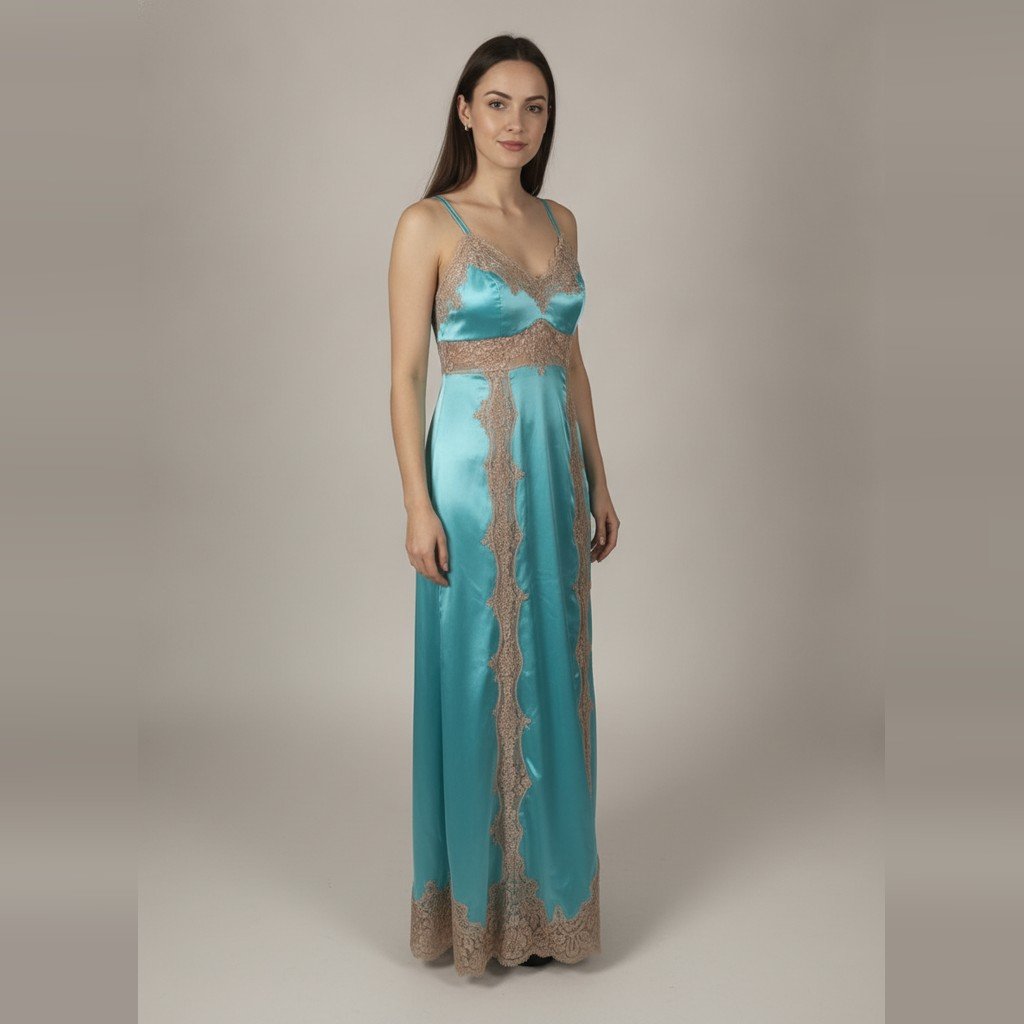 Vestido Sin marca sin manga celeste y beige con detalle de encaje talle P largo