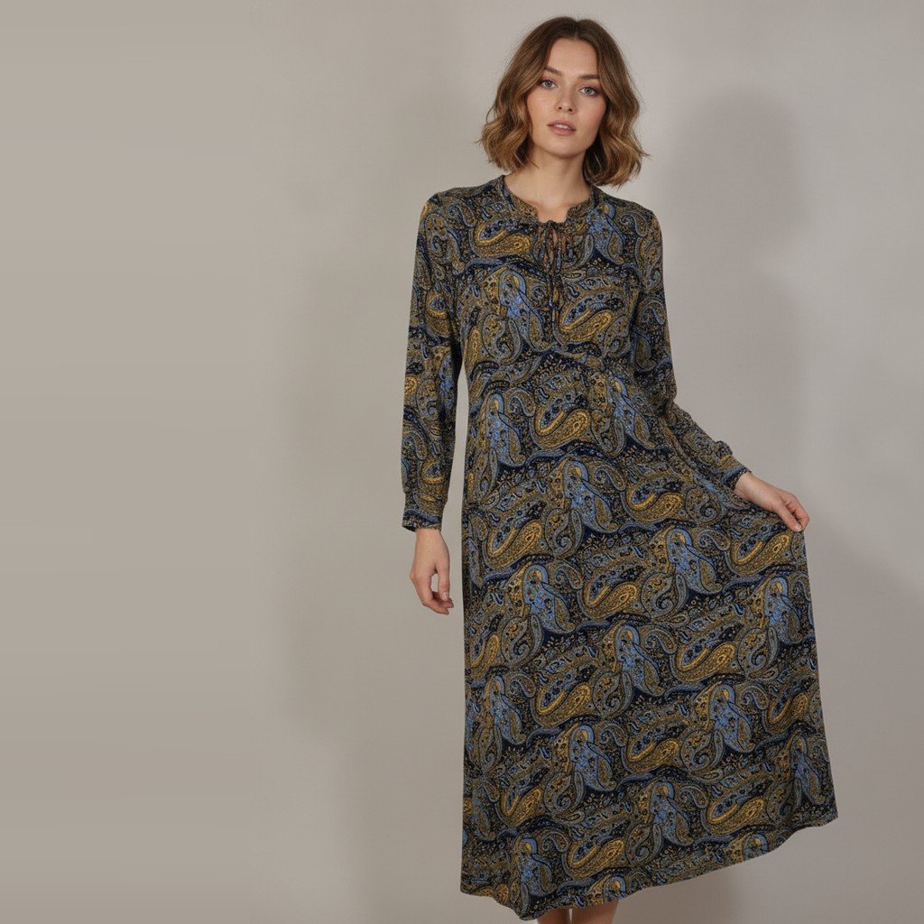 Vestido Cher Manga 3/4 azul y amarillo con estampado talle M largo