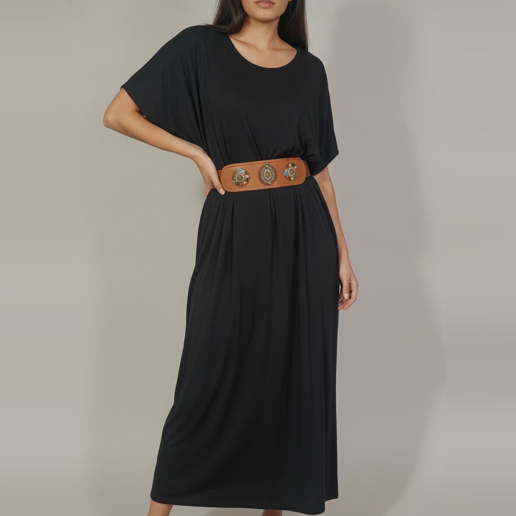 Vestido Cher manga corta negro con detalle de cinta multicolor talle G largo