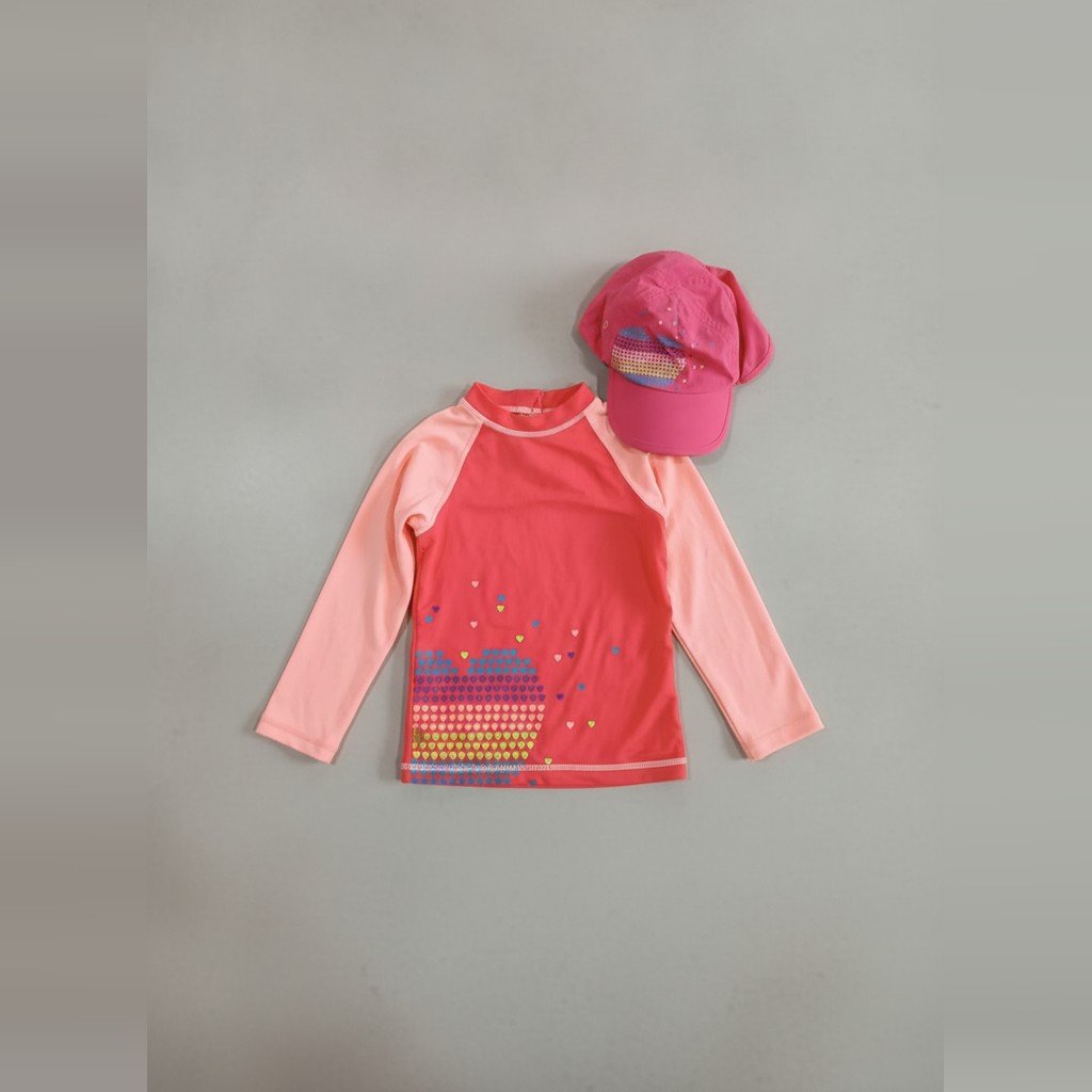 [5346] Conjunto para pileta Coral y rosa talle 24M remera de natación manga larga+gorra