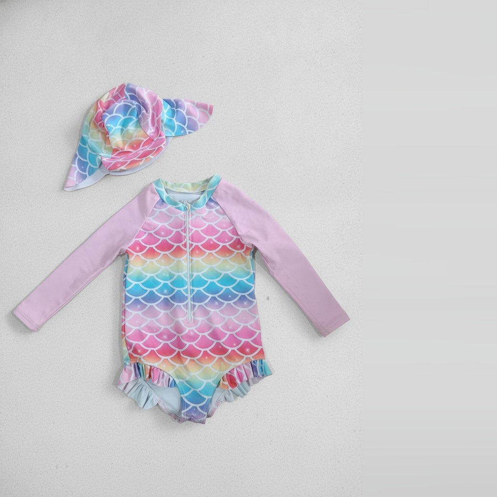 [5355] Conjunto para pileta manga larga rosa pastel con boladitos talle 2años body+gorrita