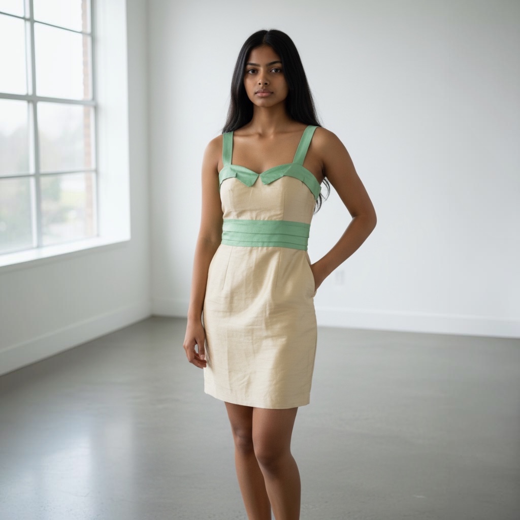 Vestido Sin marca Sin manga beige y verde talle S